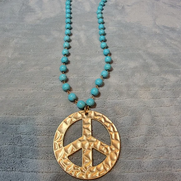 Turquoise and Gold Peace Pendant Necklace - Picture 2 of 4